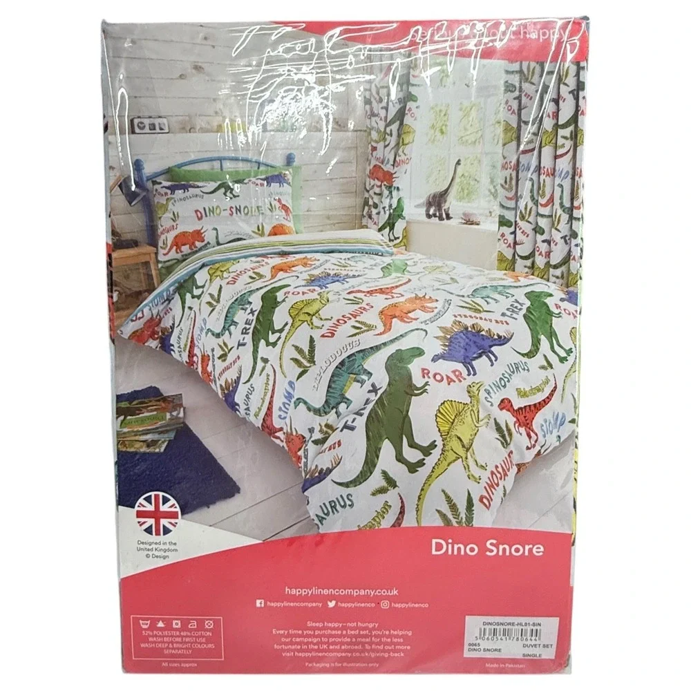 Happy Linen Company Duvet Cover Set Kids Single Multicolor New Dino Snore Print